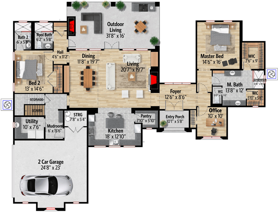 Plan 430029LY: Contemporary Mission-Inspired 3 Bed House Plan With Private Master Wing - Floor Plan - Main Level - Contemporary, Southwest, Spanish