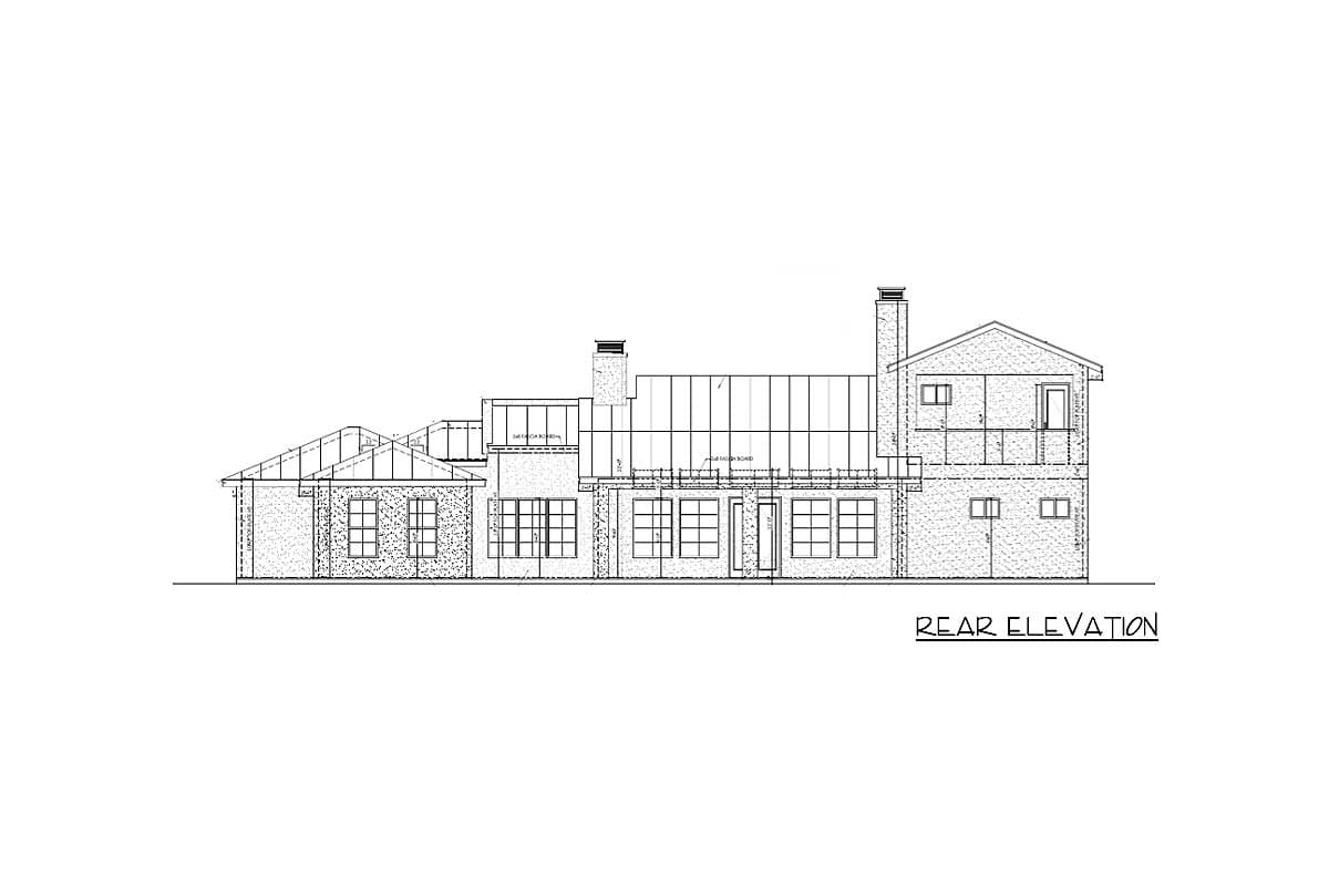 Rear elevation drawing of a house plan featuring multiple gables, dormers, and a two-story section with chimneys.