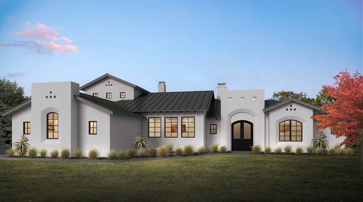 House plan exterior: Modern Farmhouse style, one-story with gabled rooflines, arched windows, and a central arched entry with double doors.