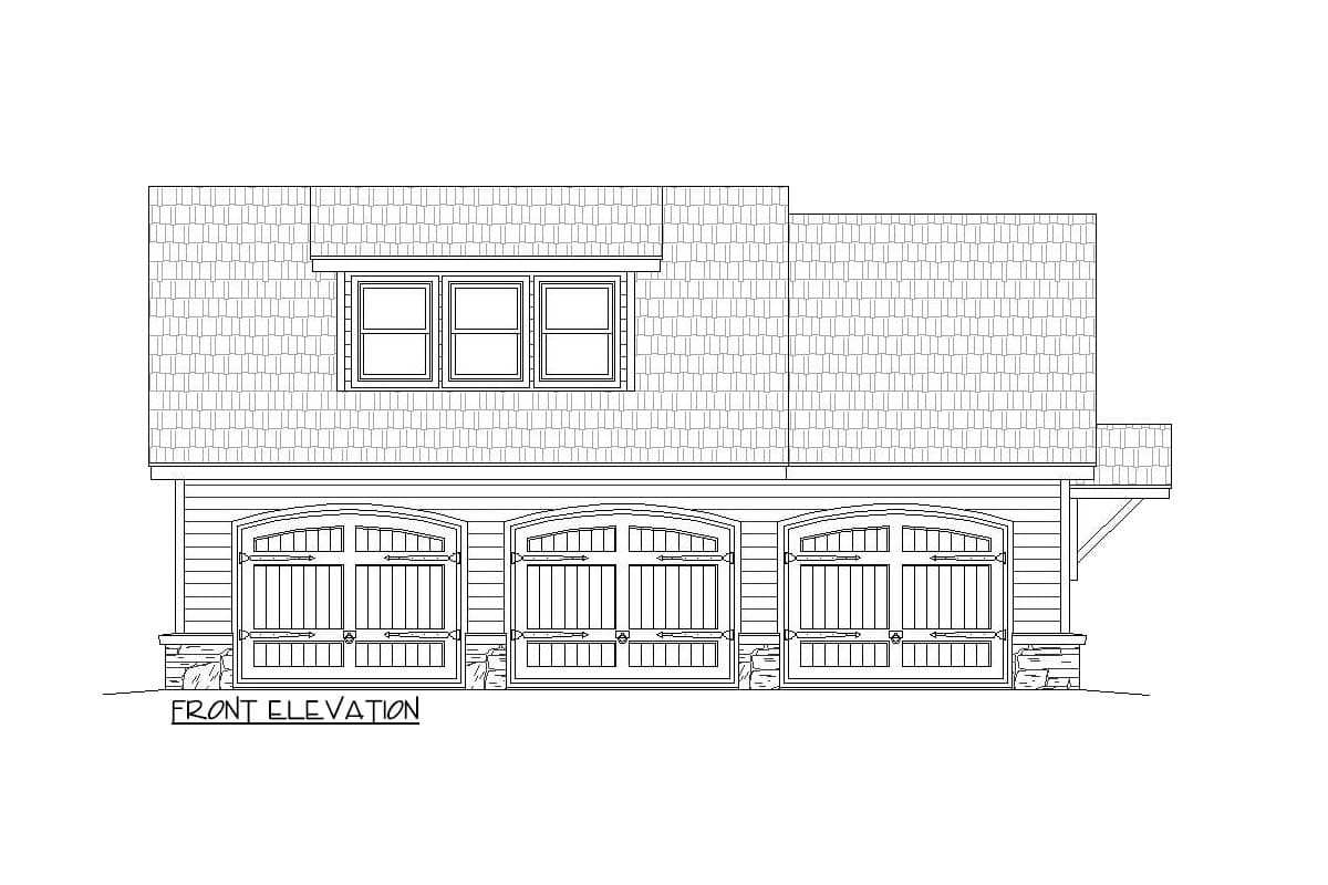 Front elevation drawing of a house plan featuring three arched garage doors and a dormer window.