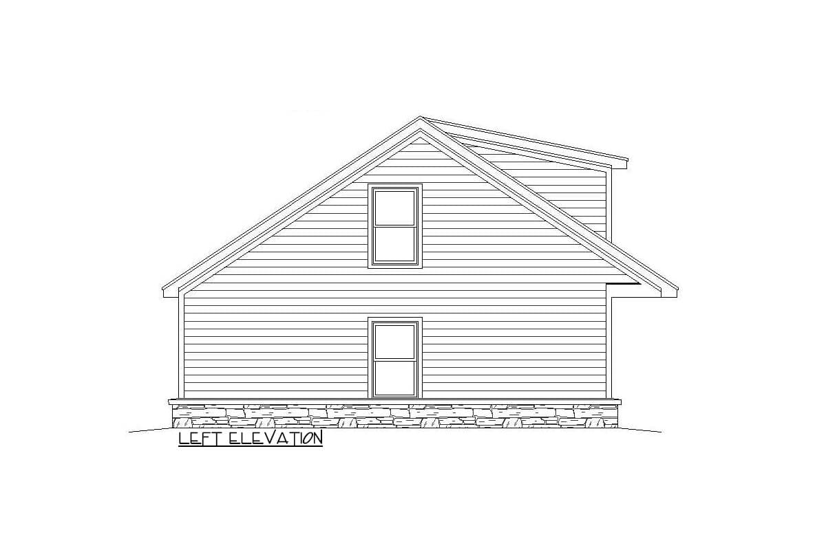 Left elevation drawing of a house plan featuring horizontal siding and two windows, with stone foundation.