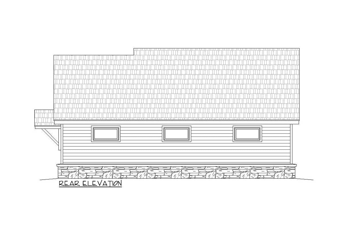 Rear elevation drawing of a house with horizontal siding, three rectangular windows, and a stone foundation.