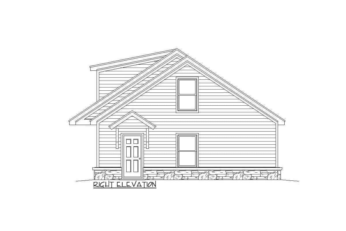 Right elevation house plan drawing with horizontal siding, a gable roof, prominent dormer, and a small porch.