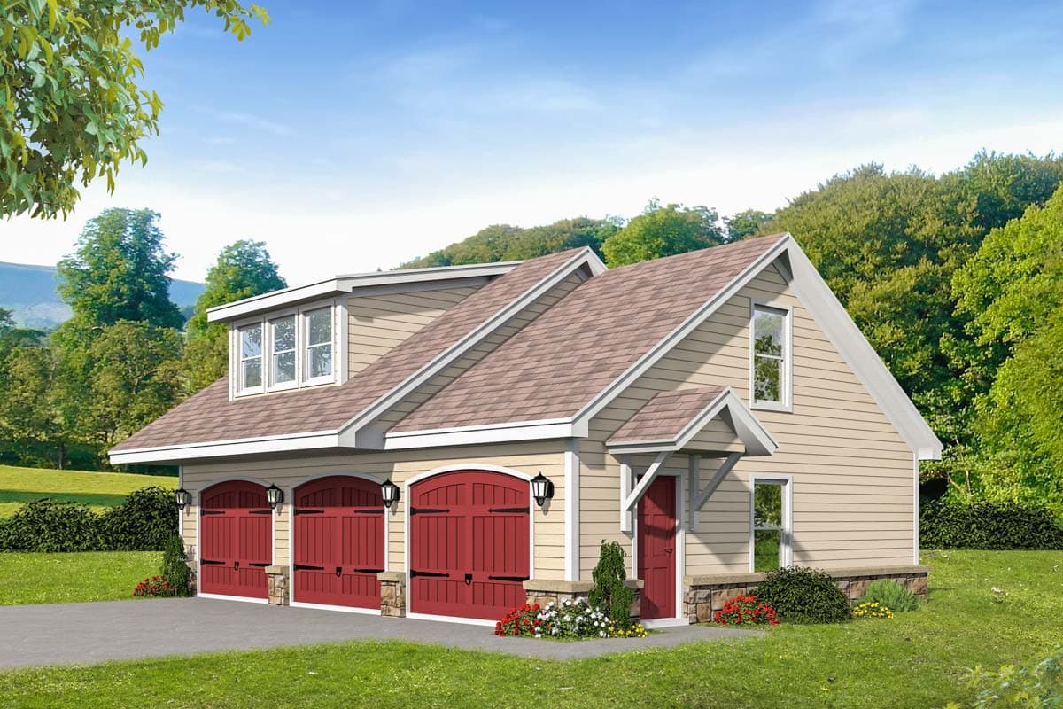 House plan exterior. Two-story garage with dormers, gabled roof, and three garage bays with red doors. Entryway features a small portico.