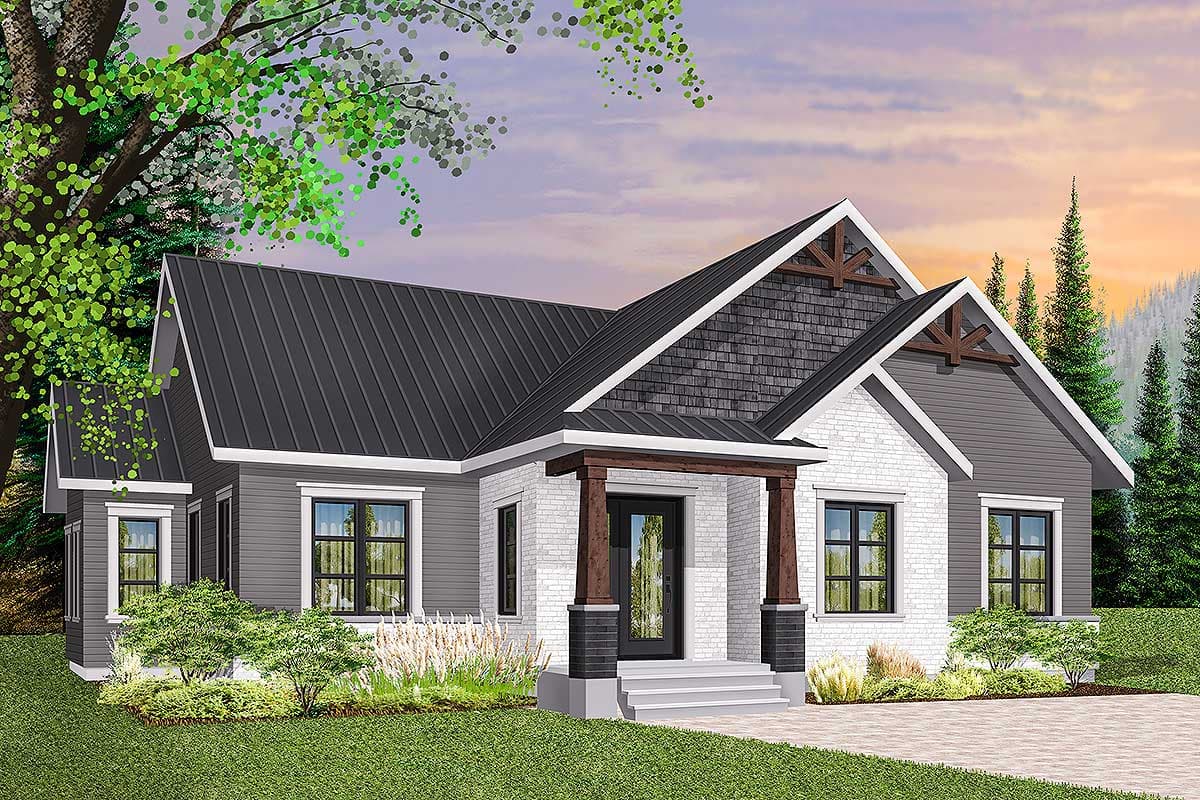 House plan exterior with two gabled sections, front porch supported by columns, and contrasting rooflines. Features brick and siding exterior details.