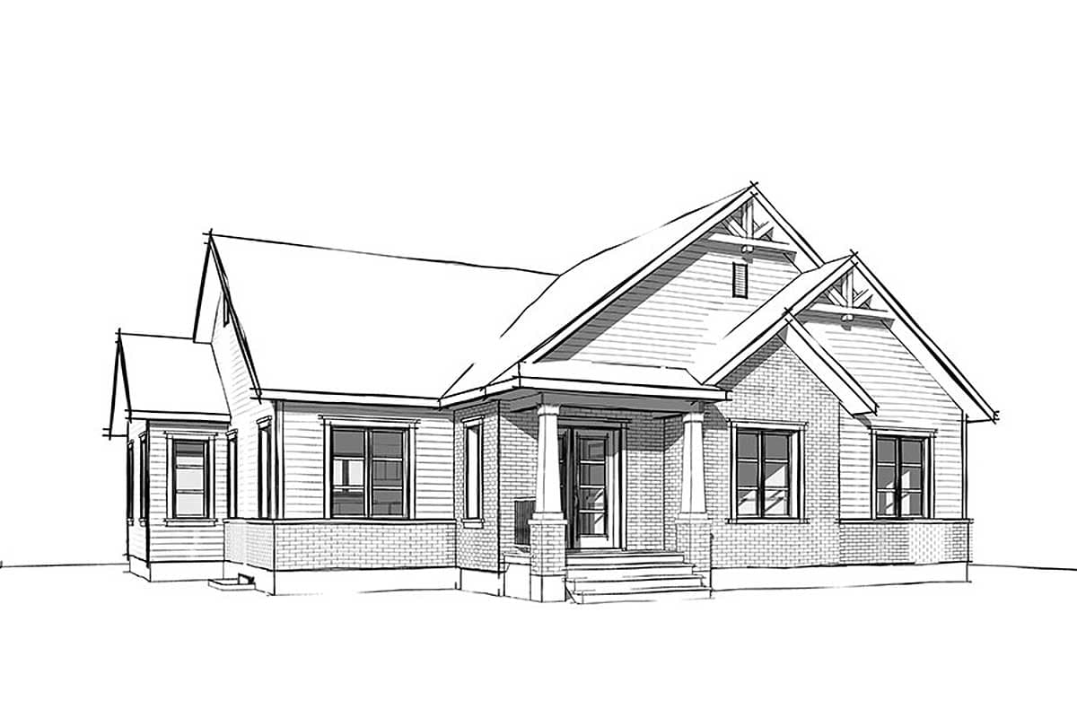 House plan exterior of a one-story home with a gabled roof, brick base, sided upper walls, and a covered front porch with columns.