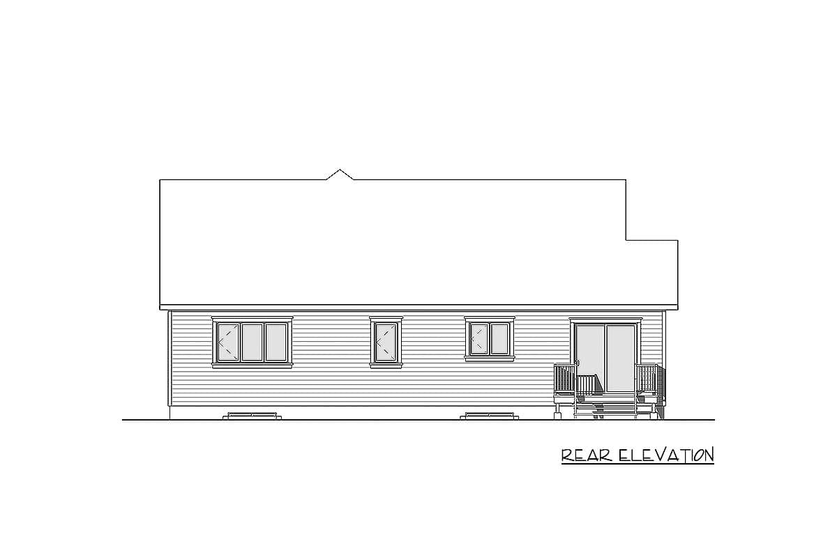 Rear elevation drawing of a house plan showing horizontal siding, several windows, and a deck with a sliding glass door.