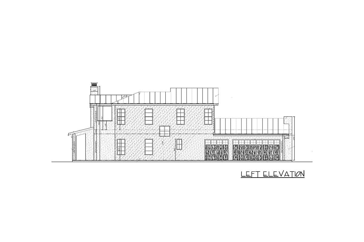 Left elevation drawing of a two-story house with a gabled roof, multiple windows, a chimney, and a three-car garage.