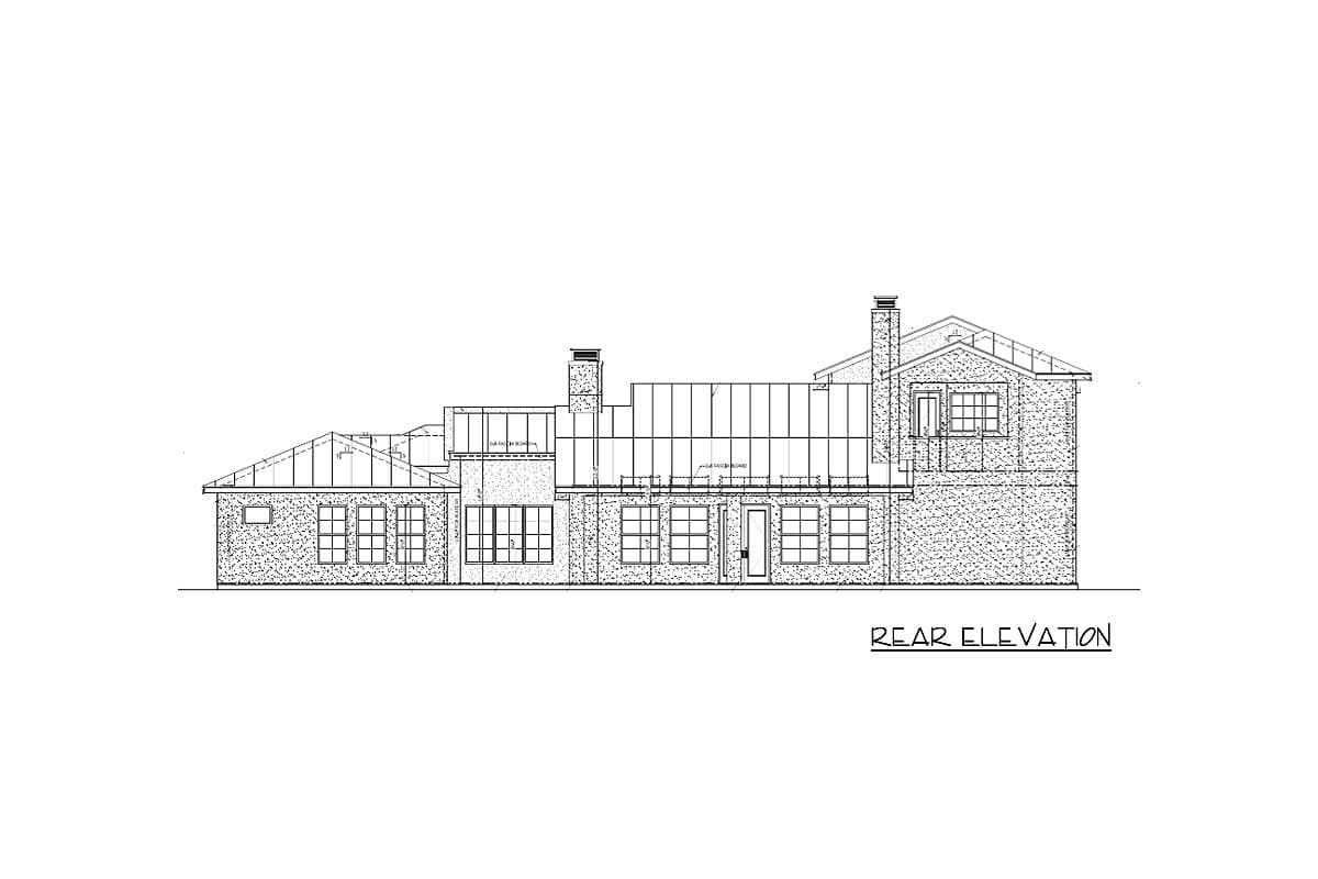 Rear elevation drawing of a house plan featuring multiple gables, prominent chimneys, and a series of large windows.