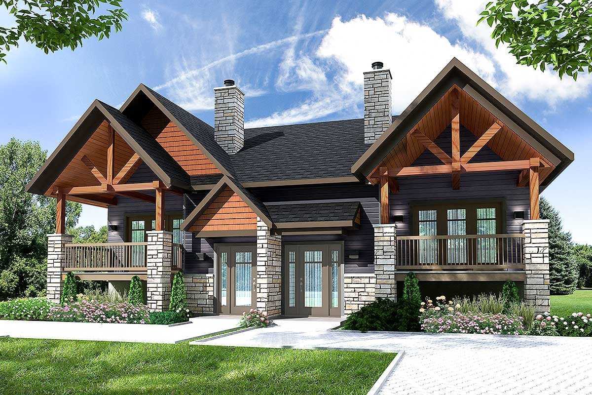 House plan exterior. Craftsman style with two stories, gabled rooflines, exposed rafter tails, and a covered porch with stone columns.
