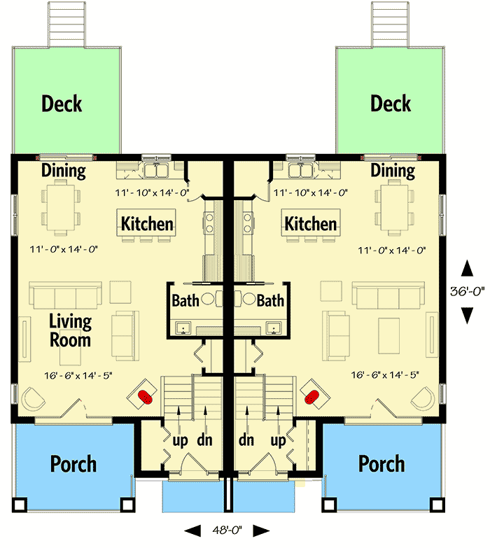 Plan 22476DR: Multi-Family House Plan With Outdoor Living Room - Floor Plan - Main Level