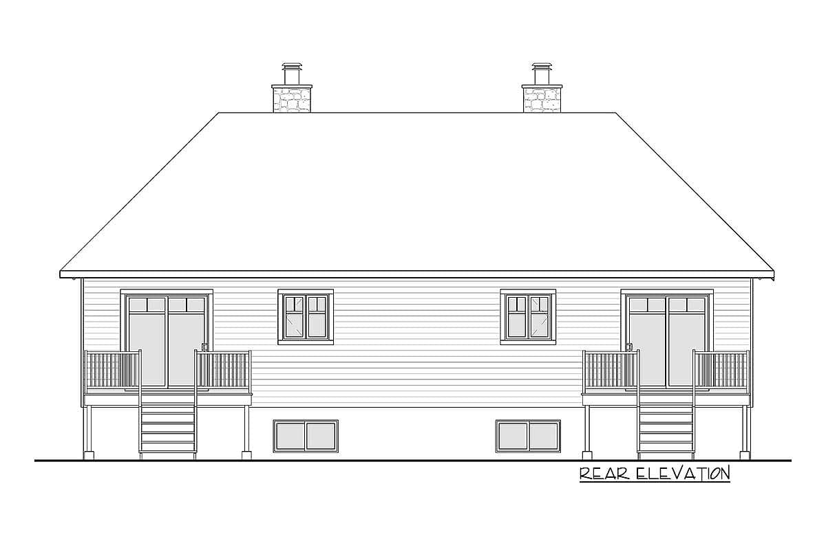 Rear elevation drawing of a house plan with two chimneys, siding, two sets of French doors with decks, and several windows.