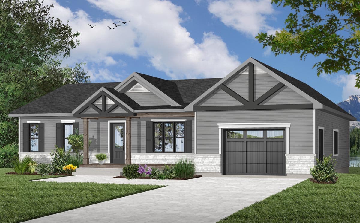 House plan exterior: Ranch style, covered porch with timber columns, prominent gables with exposed rafter tails, and a two-car garage.