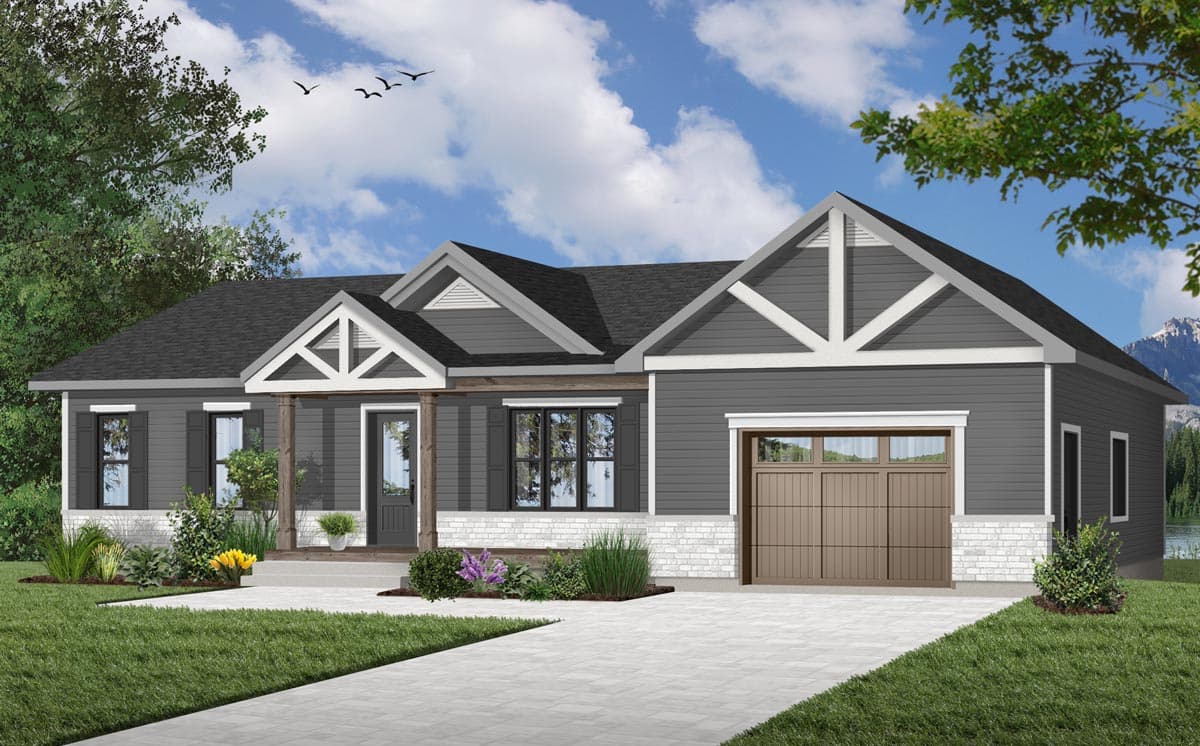 House plan exterior: Single-story home with prominent gables, covered front porch with wood columns, and attached garage.