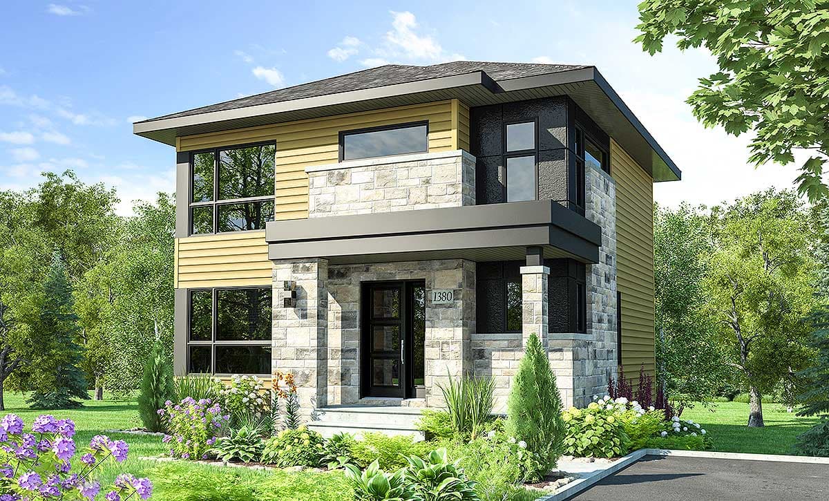 House plan exterior. Two-story modern style with stone and siding facade. Features include a covered entry, large windows, and flat roofline.