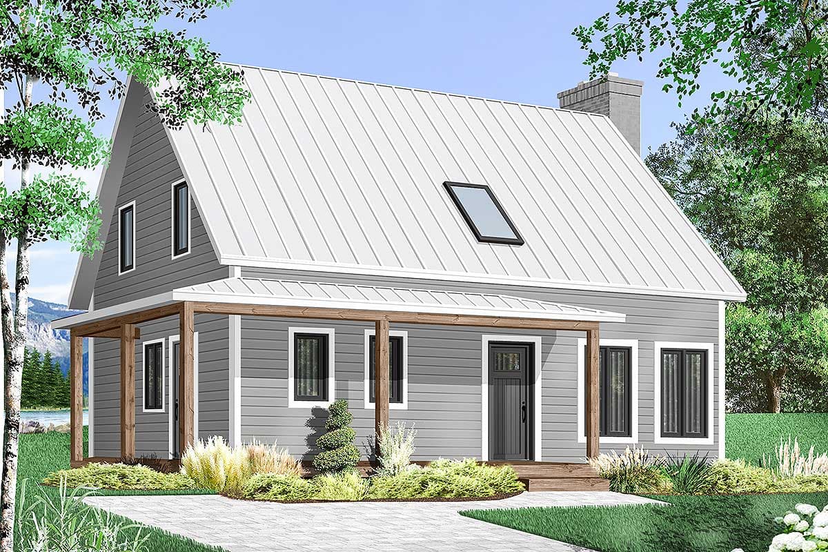 House plan exterior: Two-story Modern Farmhouse with metal roof, prominent gable, covered porch, and dormer window.