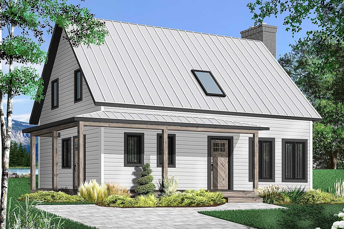 House plan exterior. One-story Modern Farmhouse with metal roof, front porch, and dormer window. Features a chimney and a wood front door.