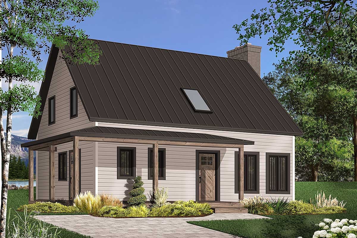 House plan exterior for a two-story Modern Farmhouse with a dark metal roof, front porch, dormer window, and stone chimney.