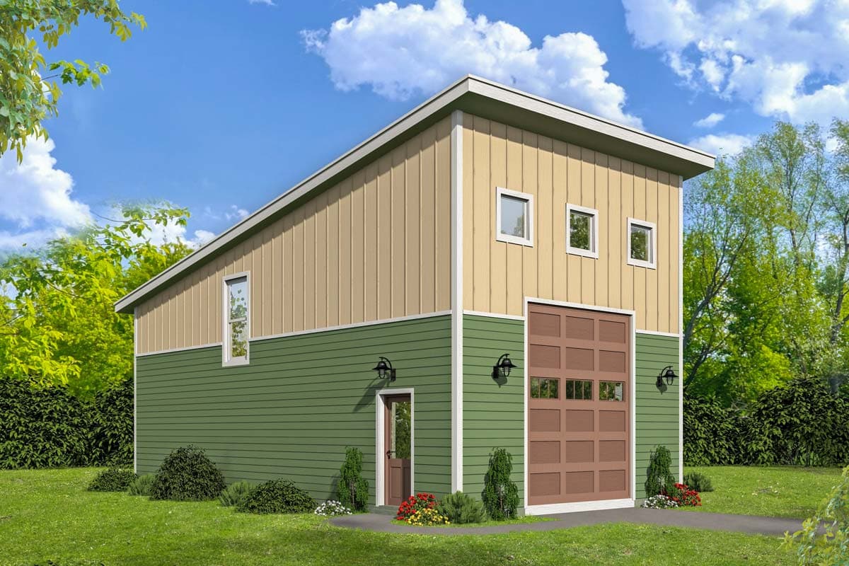 House plan exterior. Two-story structure with a gable roof, garage door, and multiple small square windows on the upper level.