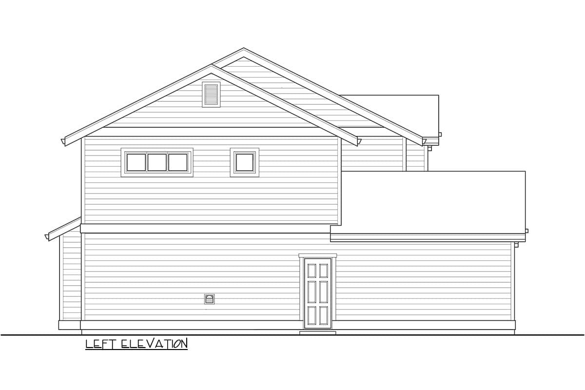 Left elevation house plan showing a two-story structure with horizontal siding, gables, dormers, and a double-door entrance.