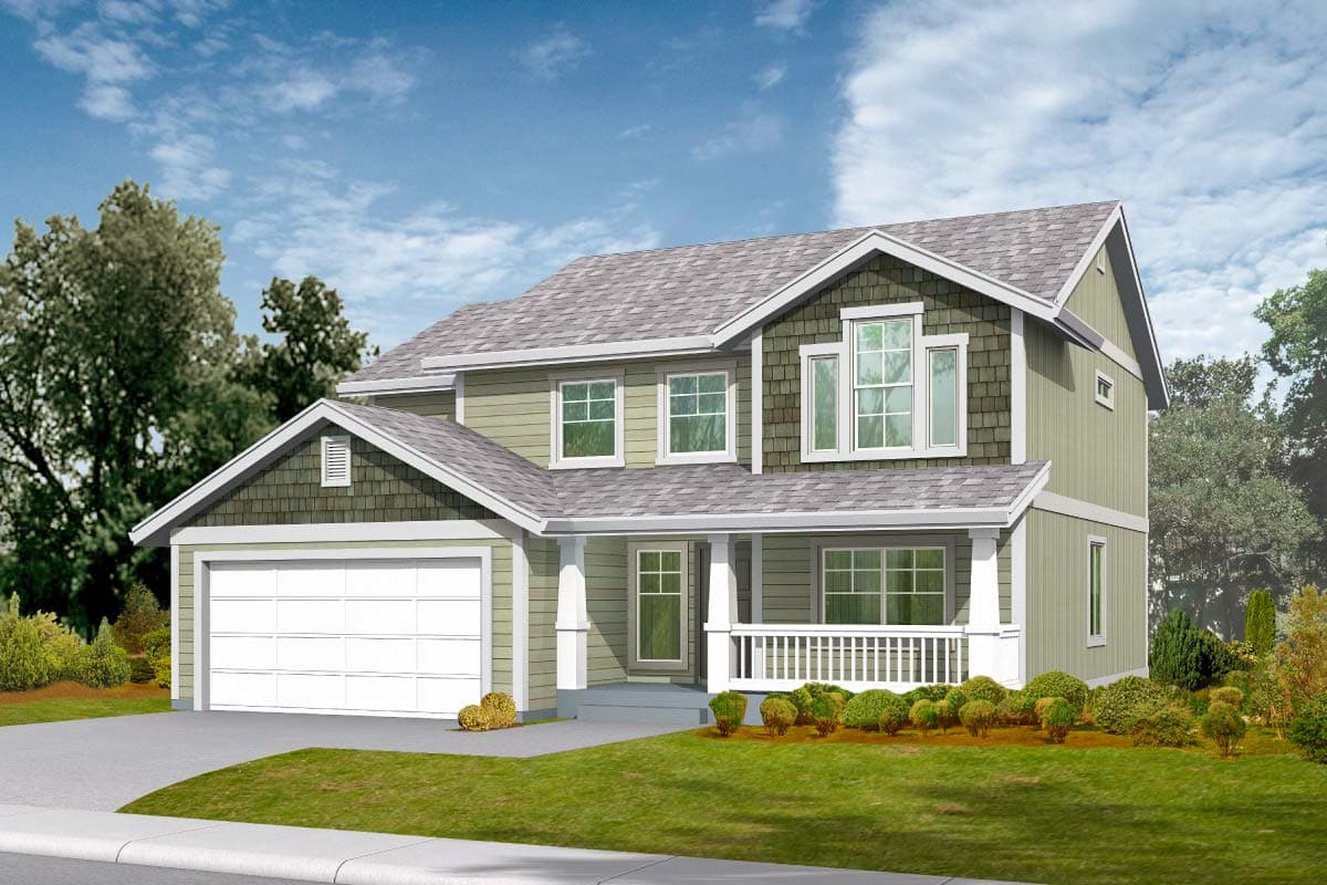 House plan exterior with two stories. Features include a front porch, gables, and an attached garage. Craftsman style with a shingle roof.