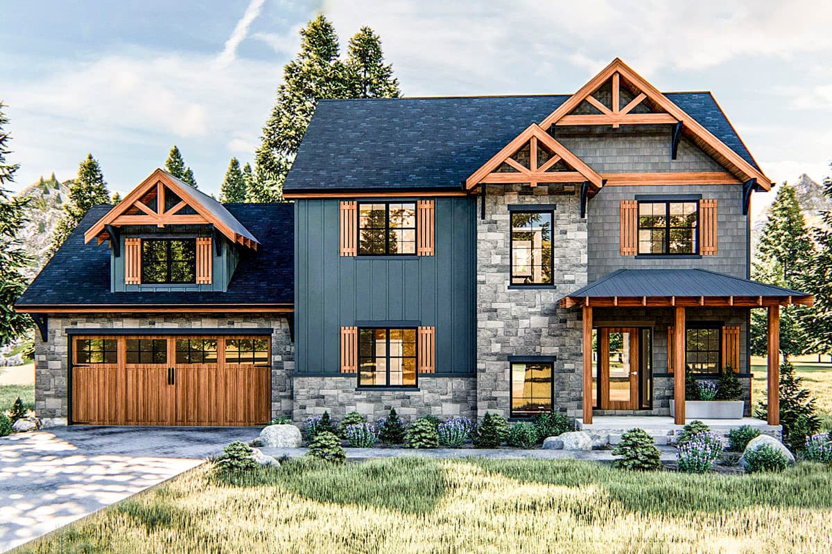 House plan exterior with two stories. Craftsman style with a gabled roof, stone facade, covered entry porch, and a garage with carriage-style doors.