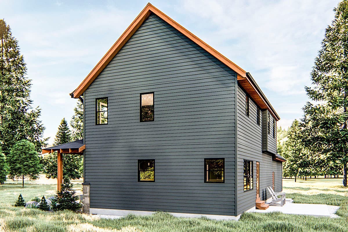 Modern house plan exterior: two stories, dark siding, gable roof with wood trim, and a covered entry.
