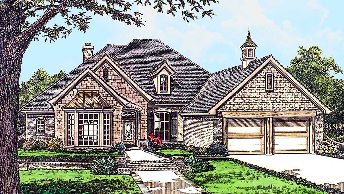 House plan exterior. Single-story, stone-clad design. Features include a bay window, multiple dormers, and a two-car garage with gabled roof.