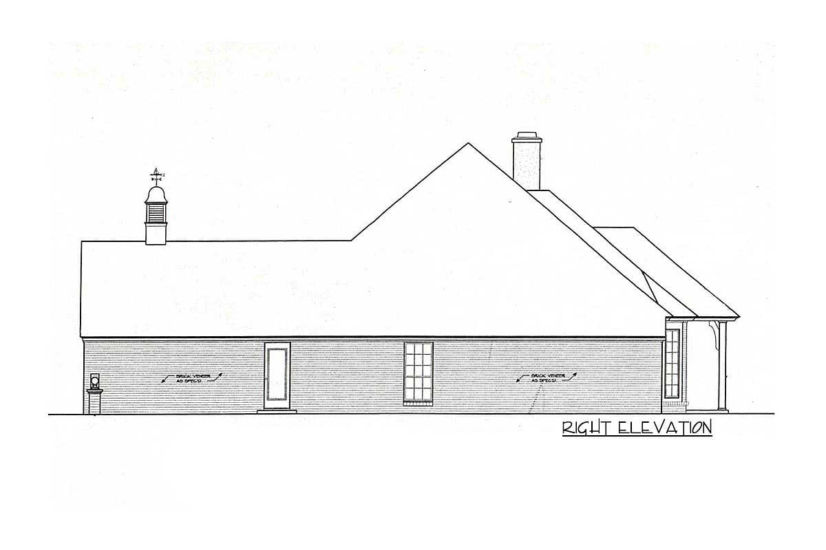 Right elevation drawing of a house plan featuring a pitched roof, gabled dormer, cupola, and horizontal siding.