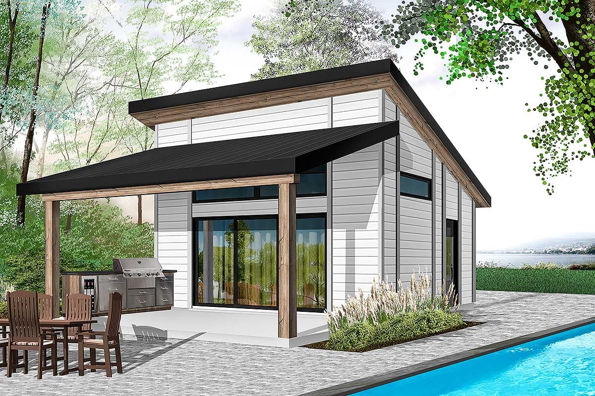 House plan exterior rendering. Features a modern style, single story, with a covered porch, shed roof, and horizontal siding.