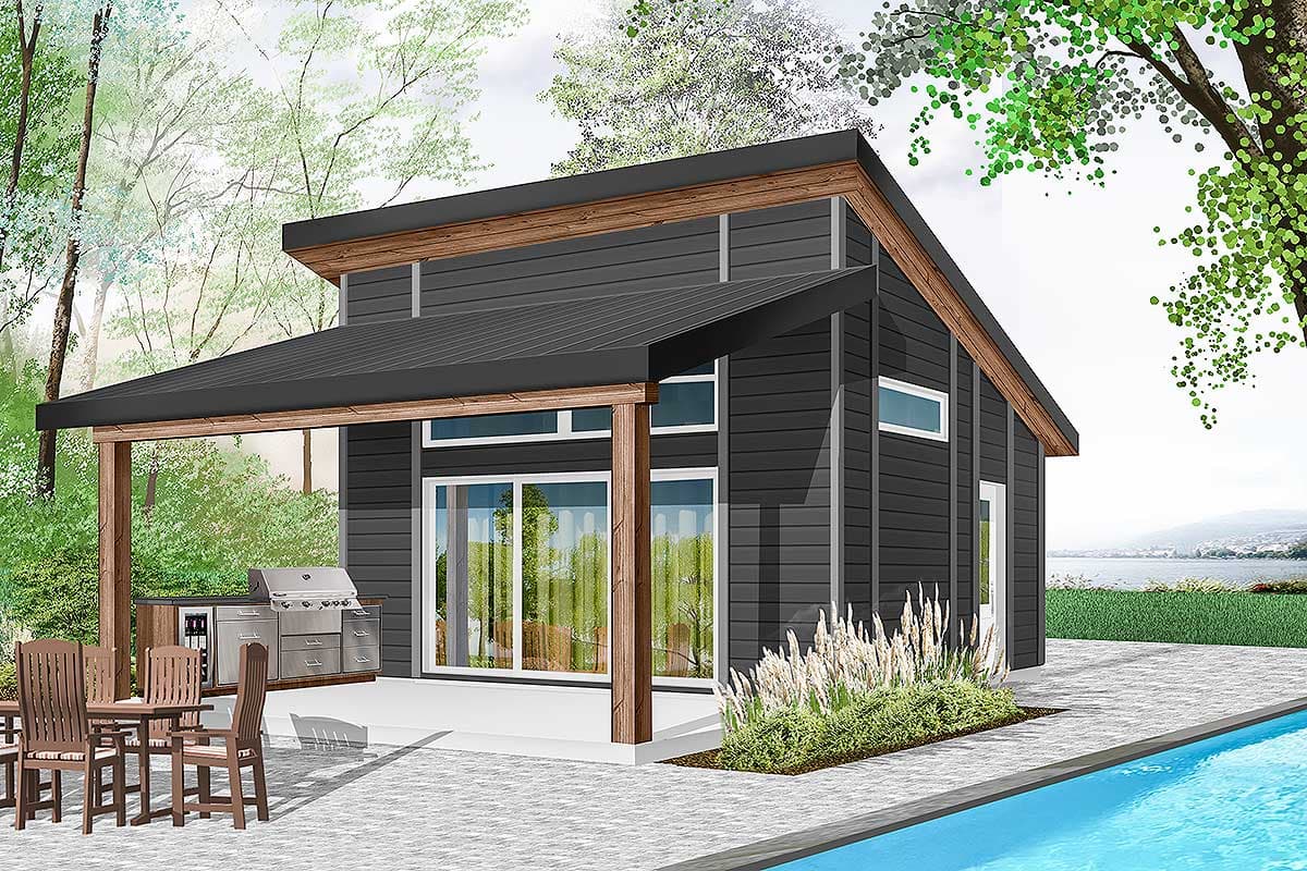 Modern house plan exterior with a steeply pitched roof, covered patio with outdoor kitchen, and large windows.