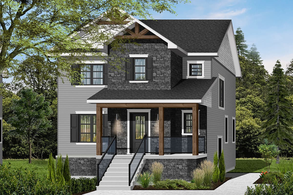 Modern house plan exterior, two stories, featuring a covered porch with stone base, wood beams, gabled roof, and horizontal siding.