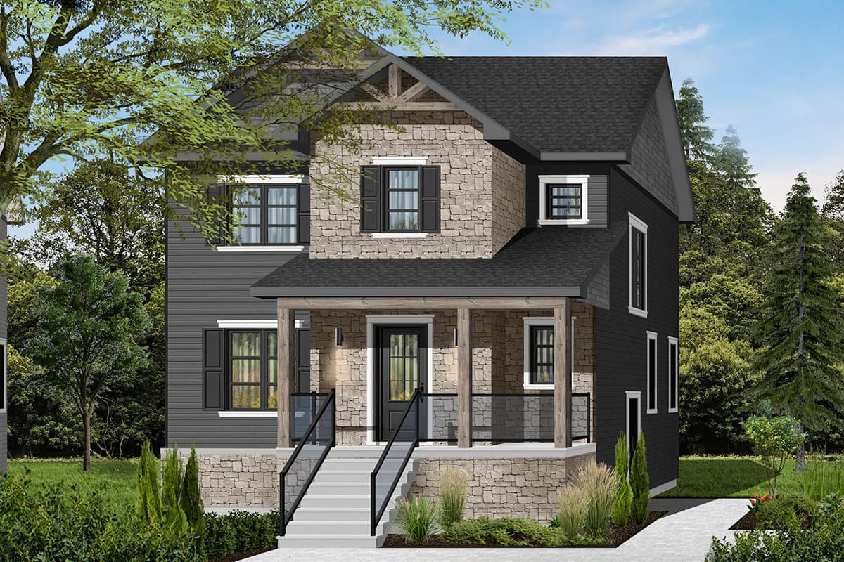 House plan exterior: Two-story home with stone accents, covered porch with wood beams, gabled roof, and dark siding.