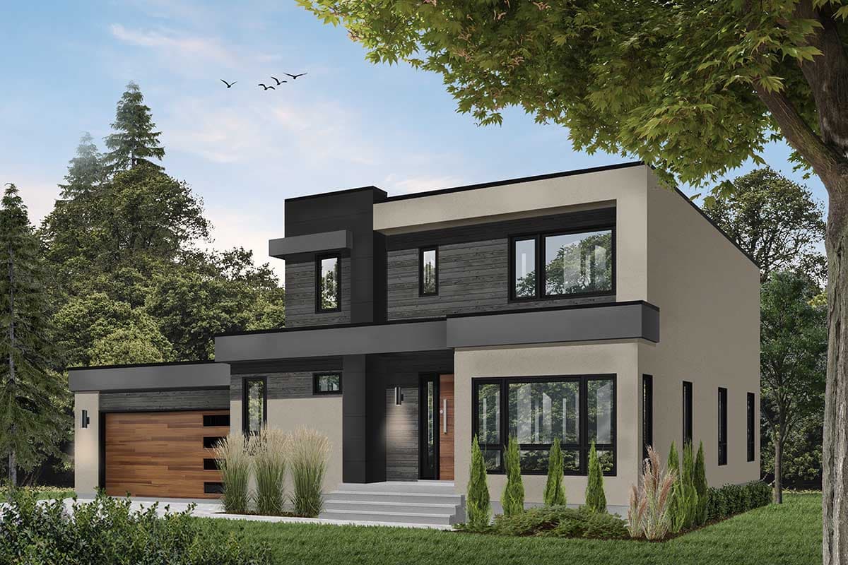 Modern two-story house plan exterior with a flat roof, cantilevered elements, wood siding accents, and a two-car garage.