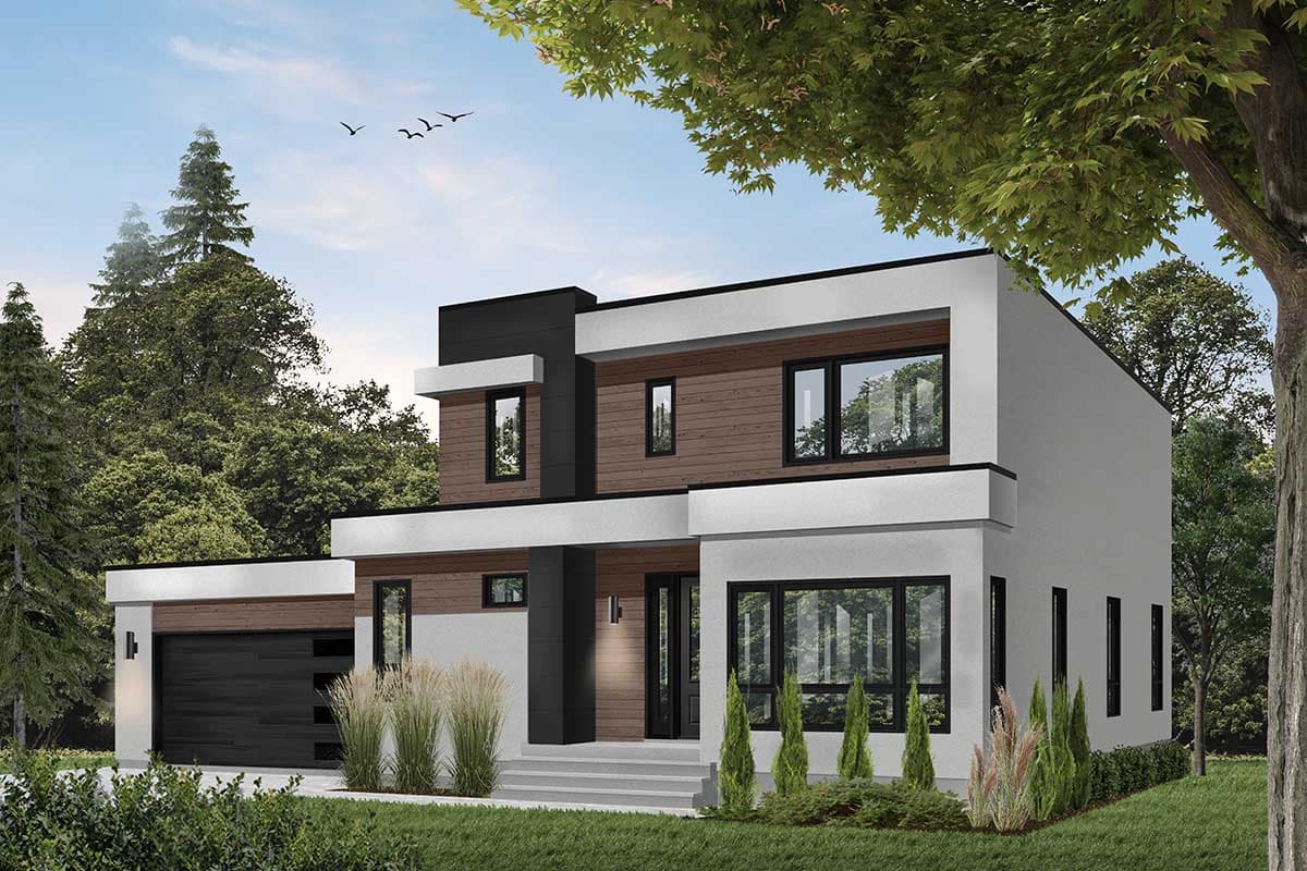 Modern two-story house plan exterior with stucco, wood siding, flat roof, and attached garage.