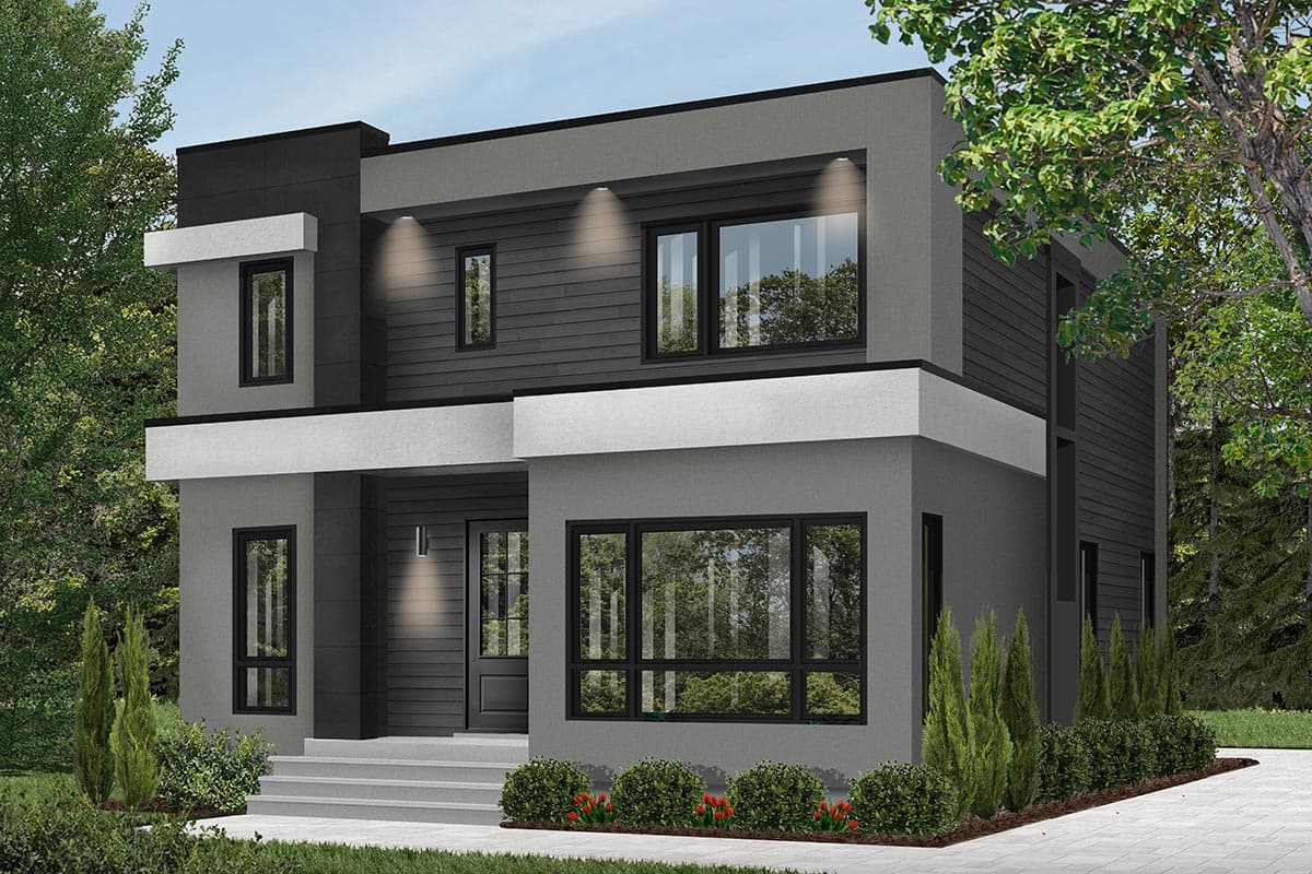 Modern two-story house plan exterior with horizontal siding, stucco, prominent geometric volumes, and large dark-framed windows.