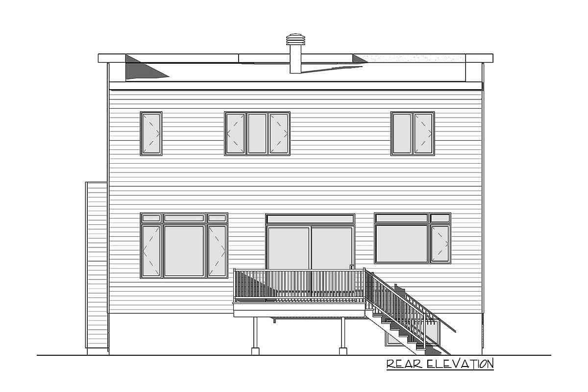 Rear elevation drawing of a two-story house plan featuring horizontal siding, multiple windows, and a deck with stairs.