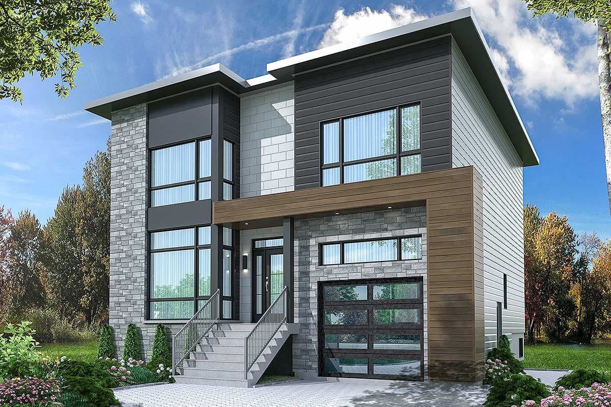 House plan exterior. Two-story Modern house with a flat roof. Features include stone veneer, a covered entryway, and a glass-paneled garage door.