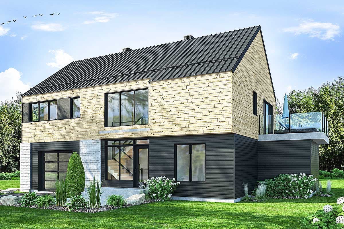 Modern house plan exterior with two stories, horizontal siding, large windows, a glass balcony, and an attached garage.