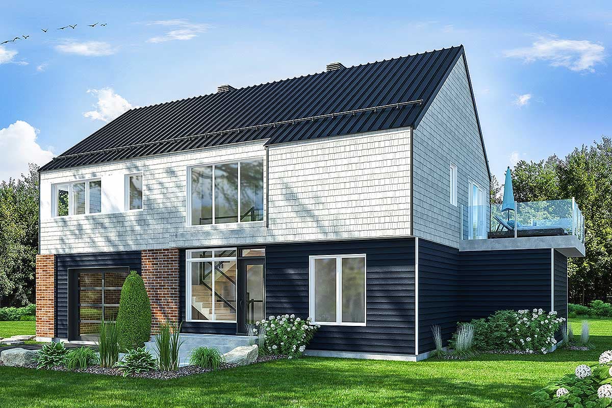 House plan exterior with shingle siding, dark horizontal siding, large windows, brick accents, and a glass-railed balcony.