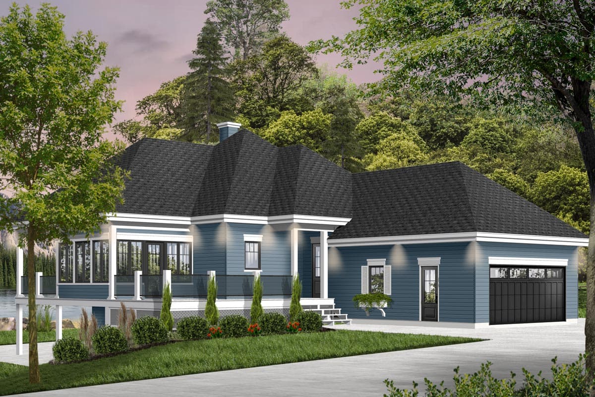 House plan exterior. One-story Ranch style home with a front porch, multiple gables, and an attached garage. Features dark roof and blue siding.