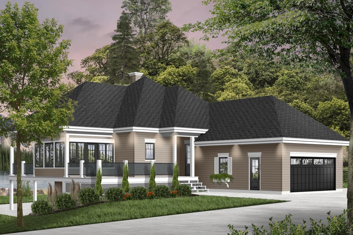 House plan exterior: One-story home with gabled roofline, side-entry garage, and covered porch.