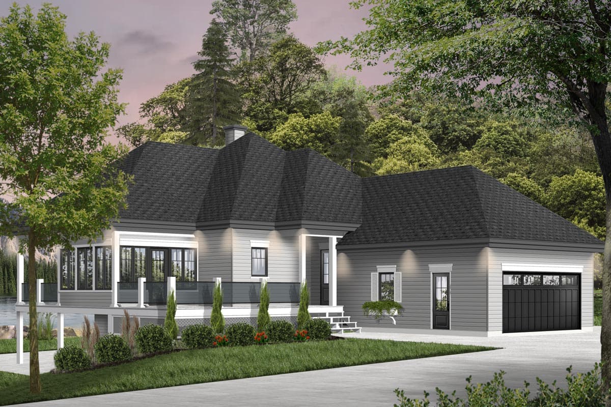 House plan exterior: Ranch style, single-story home with prominent gables, a covered front entry, and an attached side-entry garage.