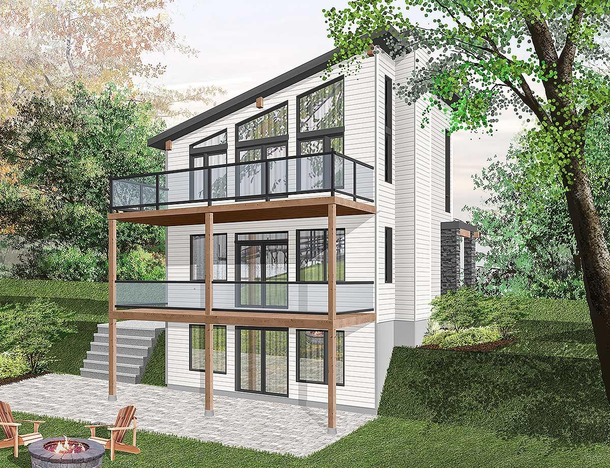 House plan exterior with two stories. Modern design features large windows, multi-level decks with glass railings, and a contrasting black roofline.