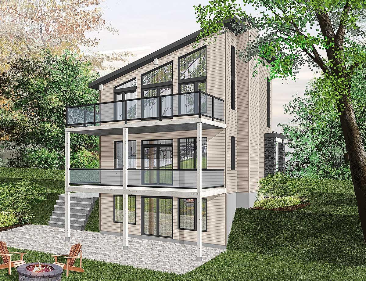 House plan exterior: Modern style, two stories, asymmetrical roofline, large windows, and multi-level balconies.