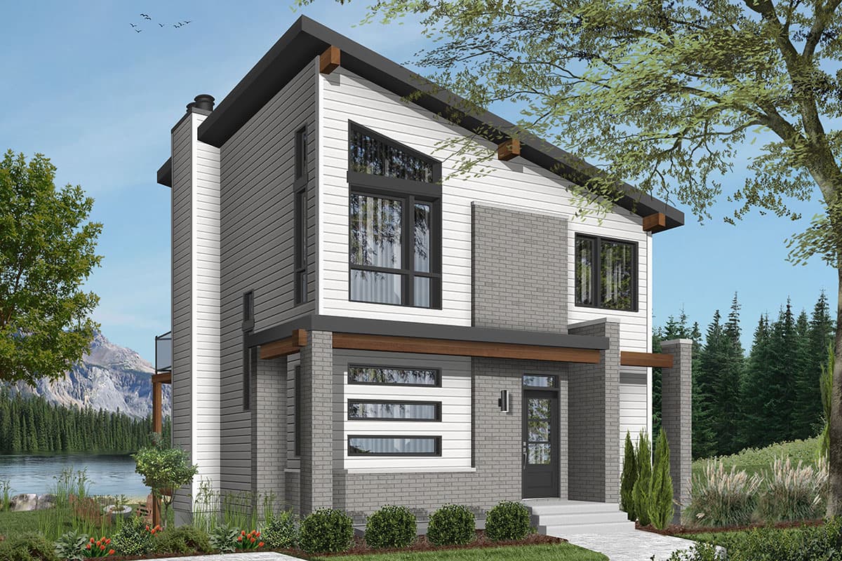 Modern house plan exterior with a two-story design, contrasting siding, pitched rooflines, and prominent windows.