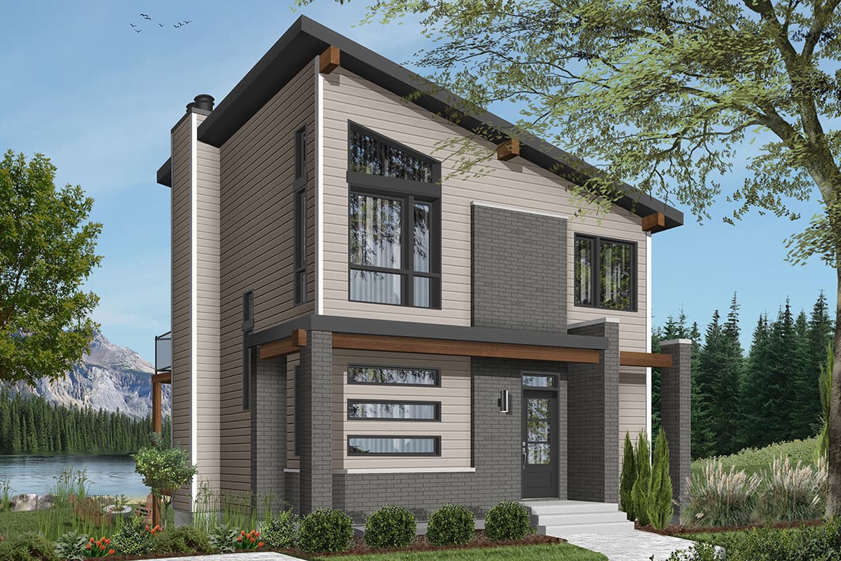 Modern house plan exterior with a two-story design, intersecting rooflines, brick and siding facade, and large windows.