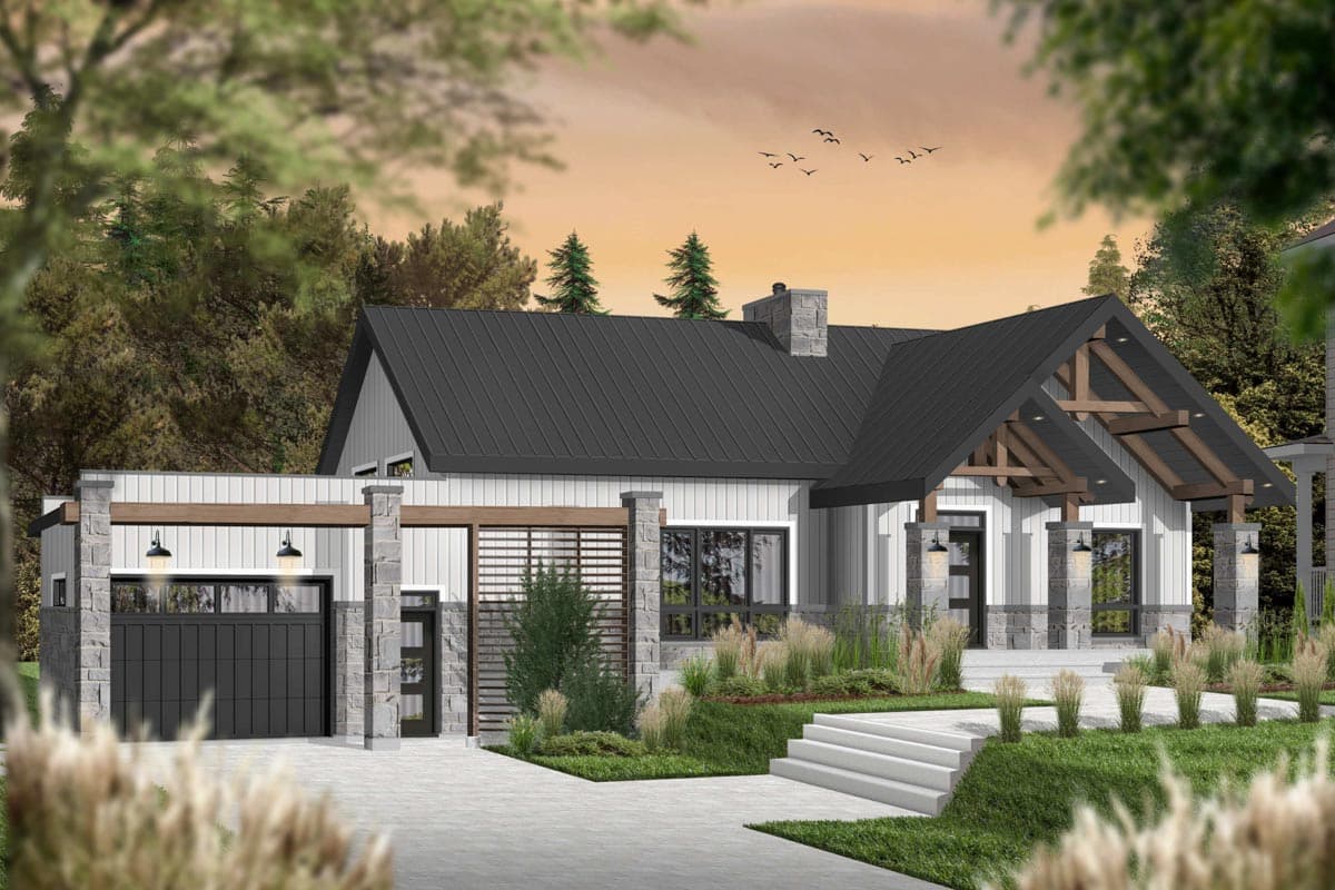 House plan exterior. Modern farmhouse style with a single story, dark metal roof, exposed timber accents, and a stone facade garage.