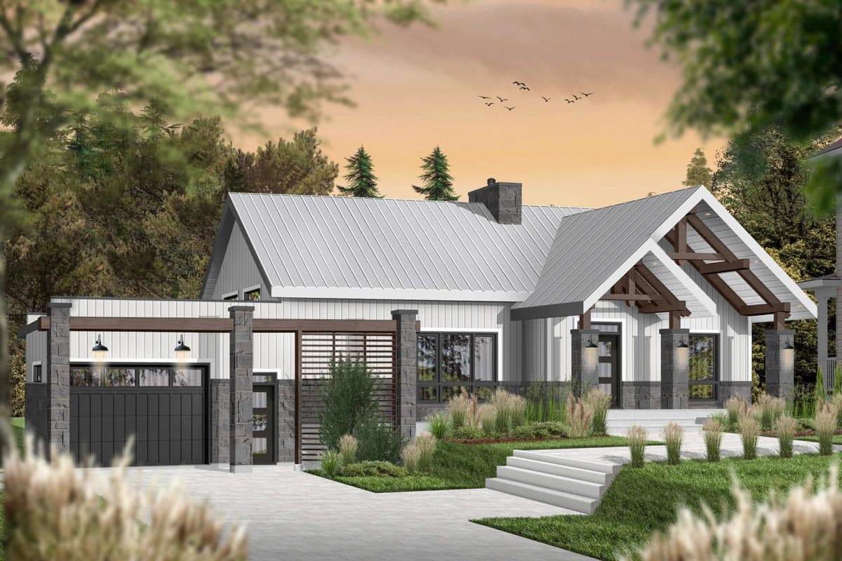 Modern house plan exterior with a metal roof, exposed beams, stone accents, and a detached garage.