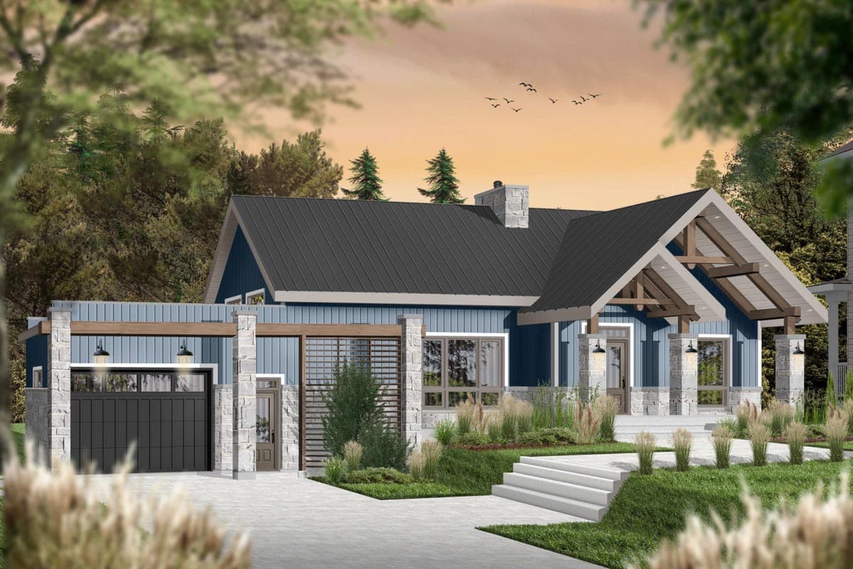 House plan exterior: Modern Ranch style, one story, metal roof, exposed beams, stone accents, garage, and covered entry.